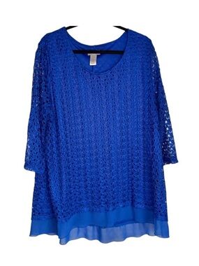 Catherines Sapphire Blue Lace Tunic Top Sheer Overlay Top, [Sz 18/20 Plus Size]